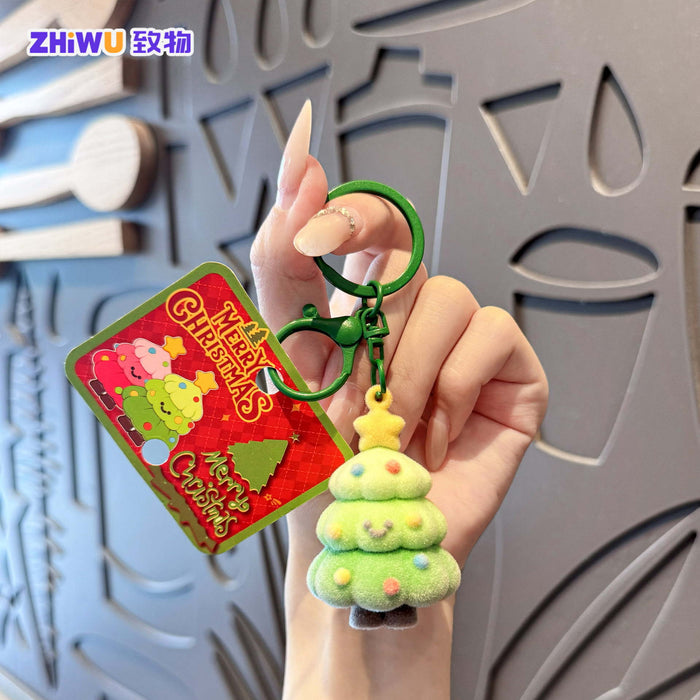 Wholesale PVC Flocking Christmas Tree Keychain Cute Holiday Gift MOQ≥4