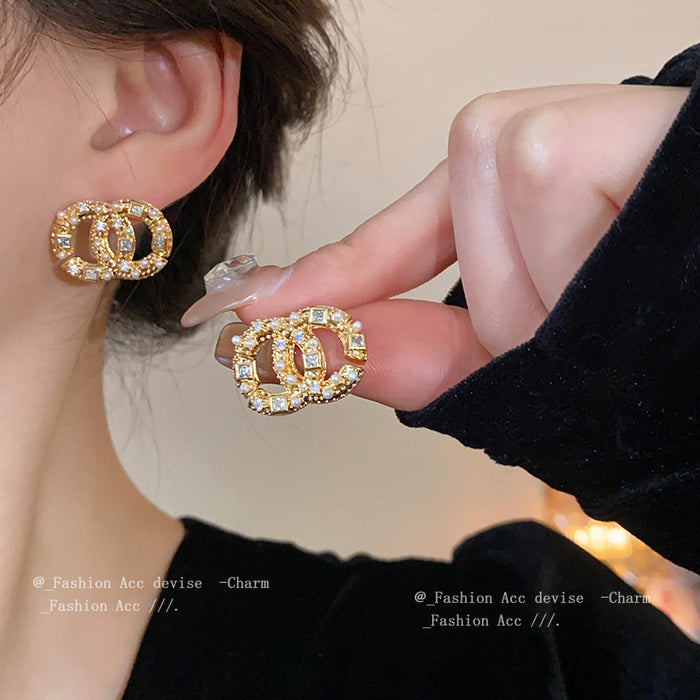 Wholesale Real Gold Electroplated Silver Needle Zircon Pearl Circle Stud Earrings JDC-ES-HuiHe007