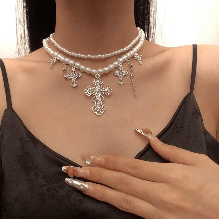 Wholesale Stacked Cross Pearl Long Necklace Niche Clavicle Chain