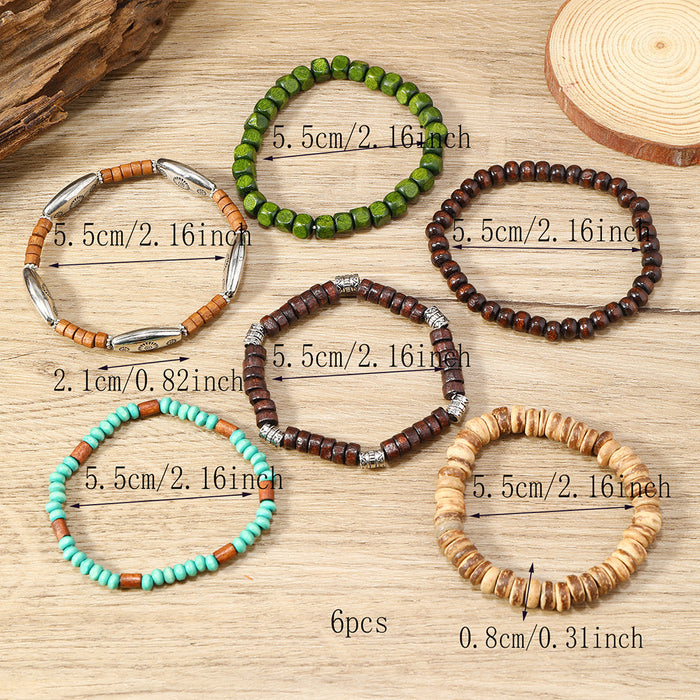 Wholesale Wooden bead alloy 6-piece multi-layer elastic bracelet