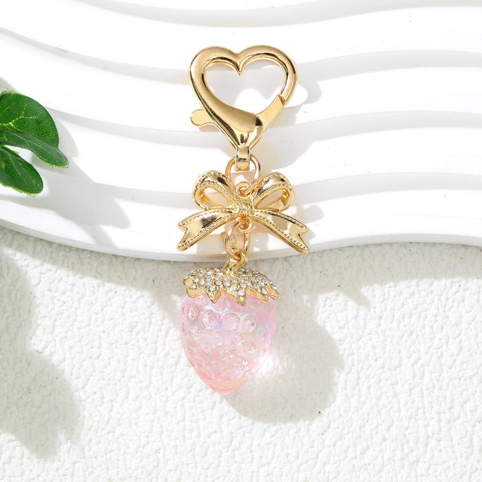 Wholesale Cute Strawberry Keychain with Bow - Plated Red Plastic Decorative Accessory MOQ≥2