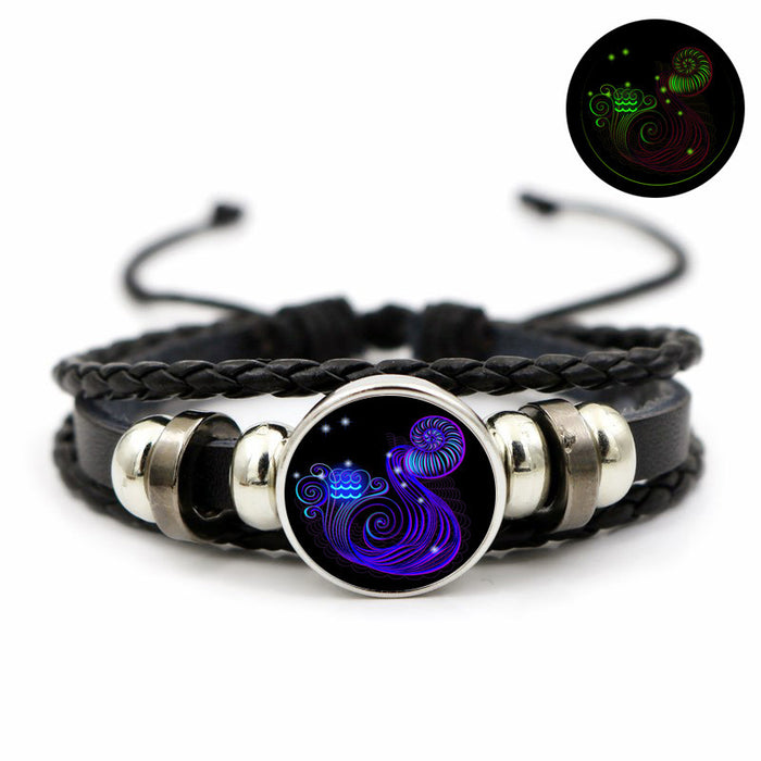 Wholesale Twelve Zodiac Luminous Retro Leather Bracelet Simple Glowing Wristband