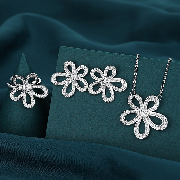 Wholesale Geometric flower earrings, high-end feeling, collarbone chain necklace accessories, open ring, women's earring jewelry set