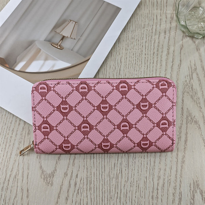 Wholesale Faux Leather Women S Long Wallet Pink Letter Print Zip Around Retro Style Casual Fashion Accessory