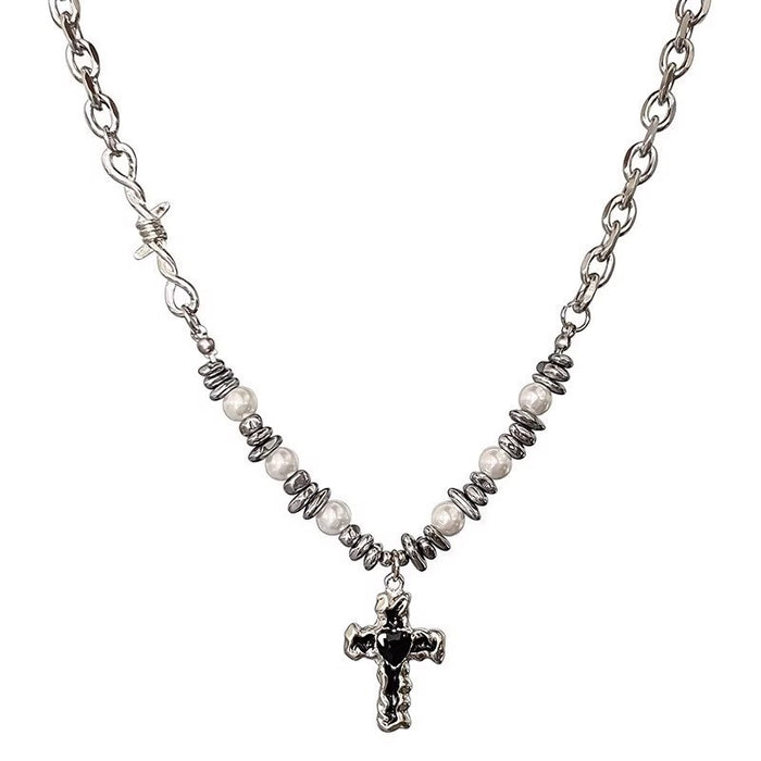 Wholesale New bead zircon heart-shaped cross necklace, street collarbone necklace, sweatshirt accessory