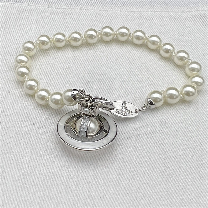 Wholesale Pearl Enamel 3D Saturn Pendant Long Necklace
