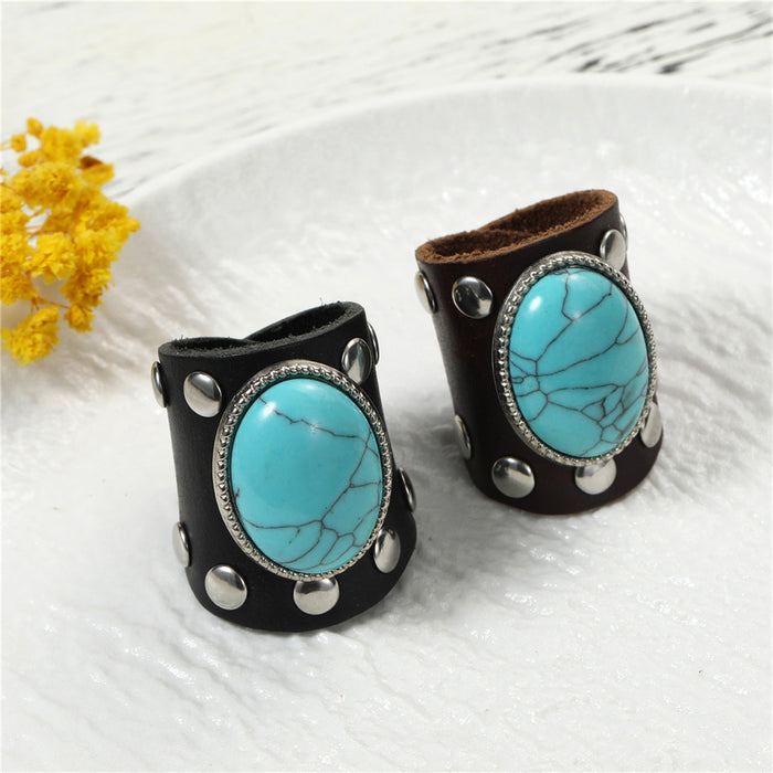 Wholesale Vintage punk leather ring, niche vintage cowhide ring, turquoise ring accessory