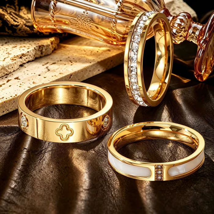 Wholesale Four Leaf Clover Design 3-Piece Ring Set 18K Gold Plated Stainless Steel Accessory