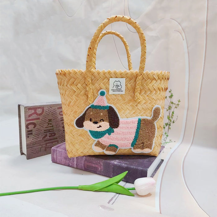 Wholesale Woven Basket Bag Shoulder Hand Bag Cute Rattan Cloth Cartoon Woven Bag