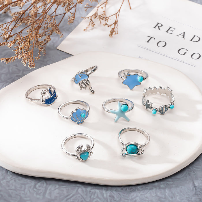 Wholesale Vintage marine dripping turquoise 9 PCs ring set