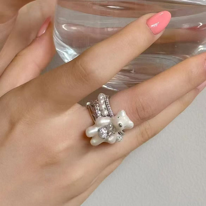 Wholesale Cute little bear imitation pearl ring, niche design, high-end fashion, versatile index finger ring