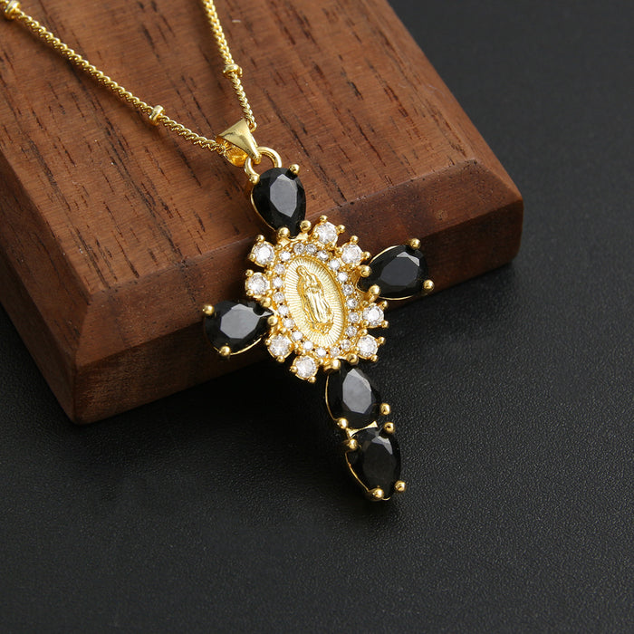 Wholesale Copper Gold Plated Micro-Inlaid Zircon Our Lady Cross Pendant Necklace JDC-NE-BaiTian007