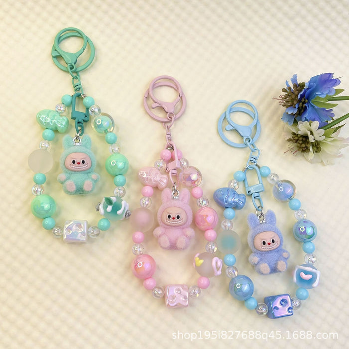 Wholesale Flocking sitting funny colorful beaded mobile phone chain keychain bag doll pendant accessories