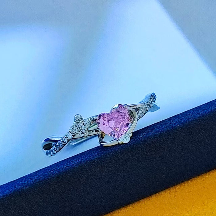 Wholesale Pink heart-shaped zircon open ring, light luxury sweetheart amethyst ring
