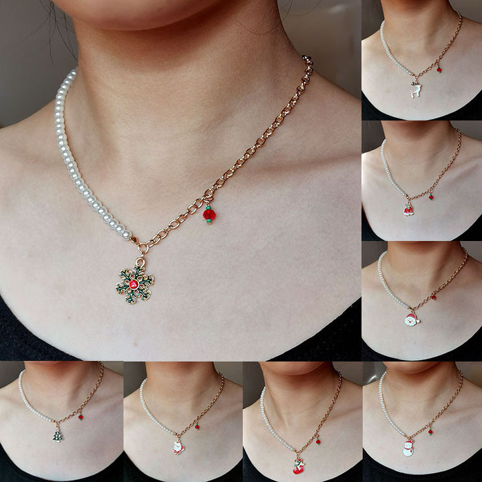 Wholesale Christmas Necklace Alloy Dripping Oil  Snowflake Bell Pearl Christmas Necklace