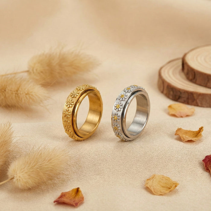 Wholesale Rotatable Gold Ring with 3D Plum Blossom Relief