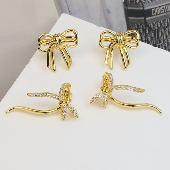 Wholesale   18k earrings  brass zircon bow earrings
