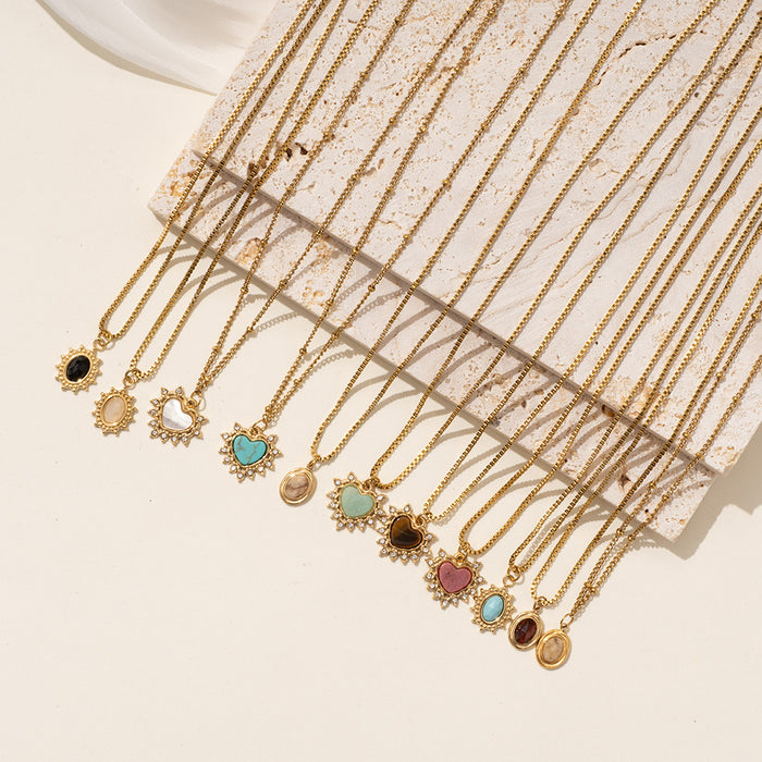 Wholesale Simple natural stone heart necklace versatile and high-end stainless steel necklace paired with blue pine tiger eye stone