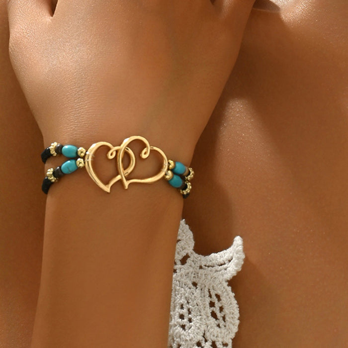 Wholesale Beach Vacation Style Double Heart Beaded Jewelry Set Alloy Necklace and Bracelet MOQ≥2