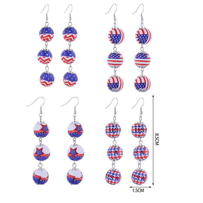 Wholesale American Independence Day Colorful Printed Flag Wooden Beads Long Round Bead Pendant Earrings JDC-ES-ChouTteng018