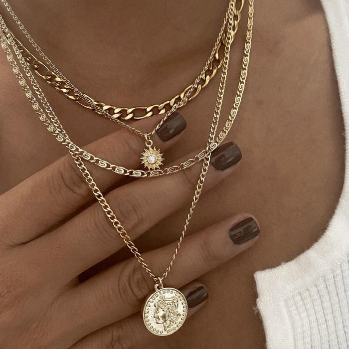 Wholesale New necklace punk style street photography portrait coin pendant metal exaggerated thick chain multi-layer necklace