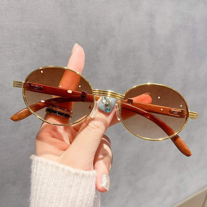 Wholesale  vintage imitation wood grain sunglasses men's oval sunglasses women's trendy  UV protection