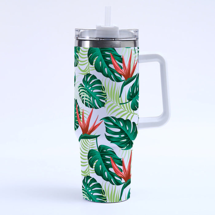 Wholesale Amazon Cross-Border 40oz Tropical Leaf Ice Cup Stainless Steel Thermal Insulation Car Cup Large Capacity with Handle