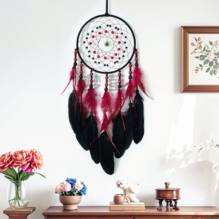 Wholesale Handmade Feather Dreamcatcher Wine Red Boho Wall Hanging Home Decor Accent MOQ≥2