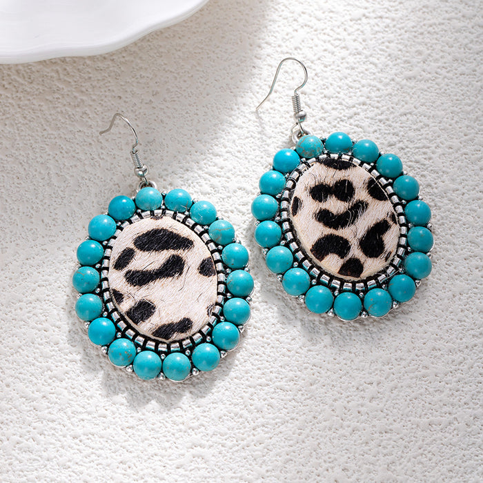 Wholesale Bohemian turquoise leopard print earrings retro tribal ethnic style love heavy earrings for women
