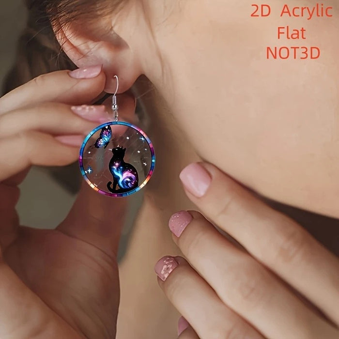 Wholesale Acrylic Bohemian Butterfly Cat Planet 2D Round Earrings - Party Wear Fashion Accessory