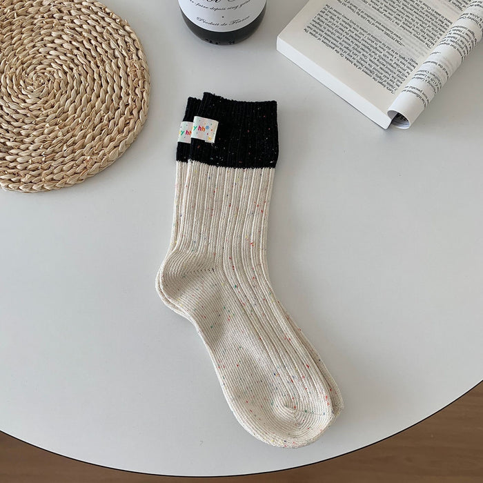 Wholesale Color blocked heel fabric label, thick needle socks, dotted yarn, middle tube, stacked socks
