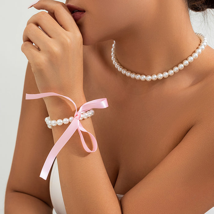 Wholesale Bowknot Clavicle Chain Necklace DIY Tie up Velvet Pearl Necklace