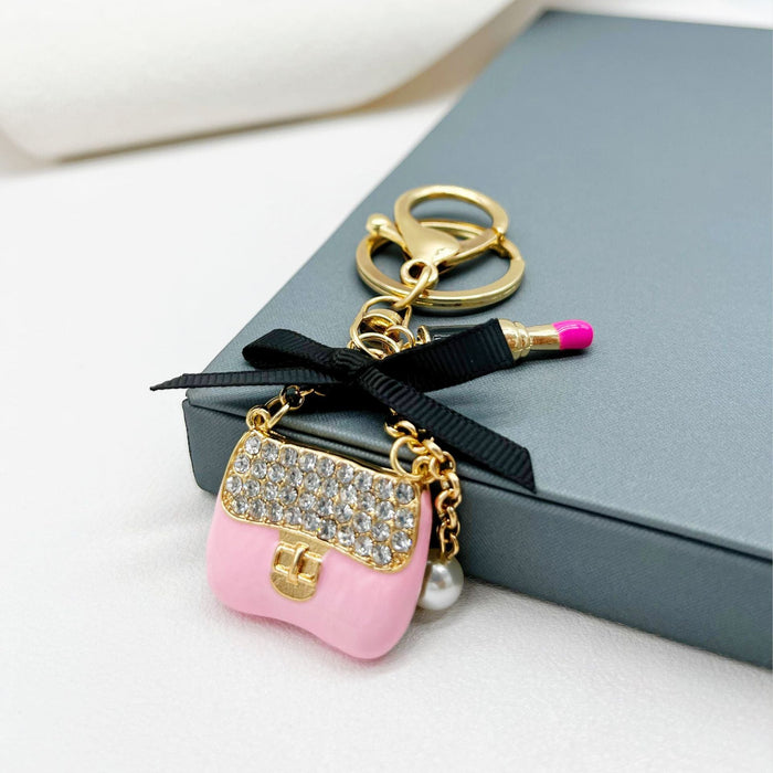 Wholesale Rhinestone Lipstick Bow Small Shoulder Bag Alloy Keychain JDC-KC-ZhanLun005