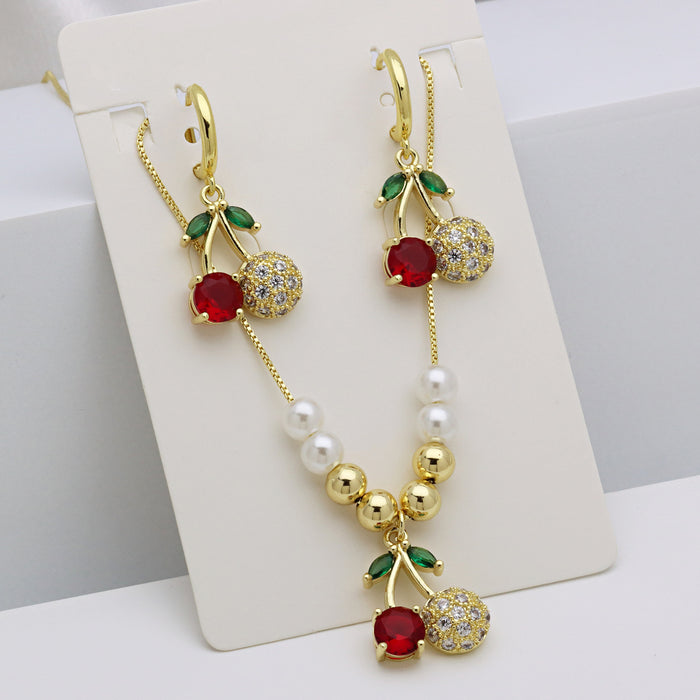 Wholesale Cherry Fruit with Color Zirconium Earrings Necklace Combination suit Copper Beads with Pearl