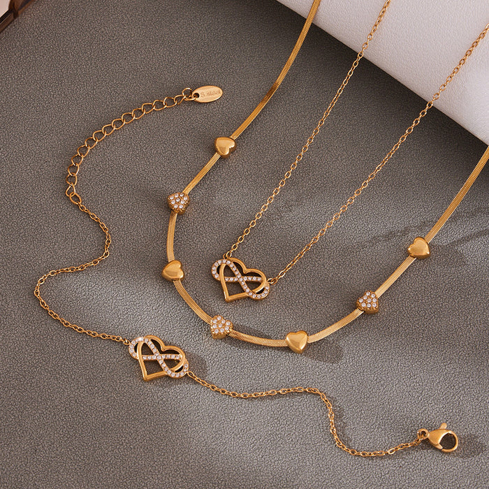 Wholesale Full-Pavé Heart Layering Titanium Steel Necklace &  Bracelet Set