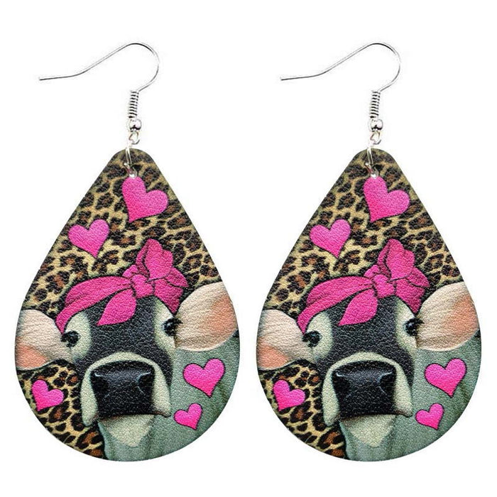 Wholesale Flower Love Pattern Valentine's Day Earrings Leopard Leather Water Drops