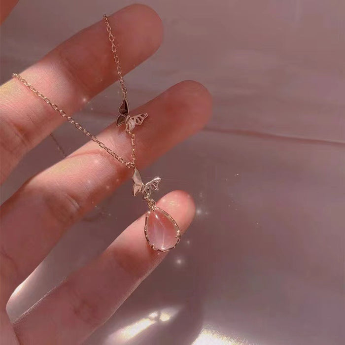 Wholesale New Pink Crystal Butterfly Necklace, Women's Light Luxury Water Drop Pendant, niche design, versatile collarbone chain