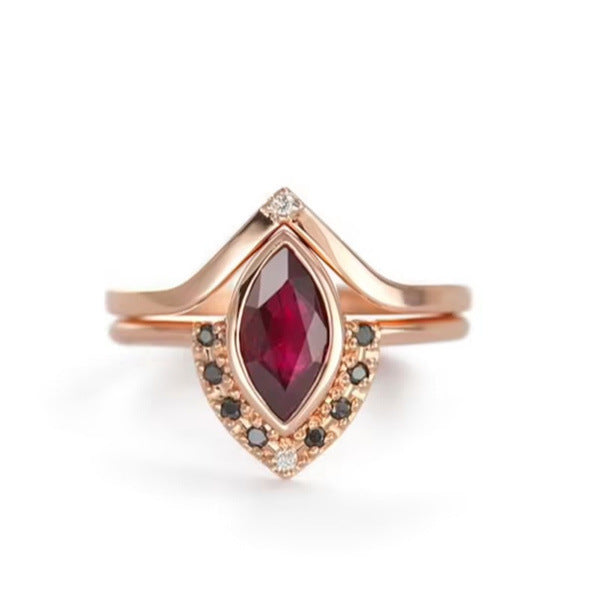 Wholesale Simple natural diamond red inlaid black diamond two-piece ring set