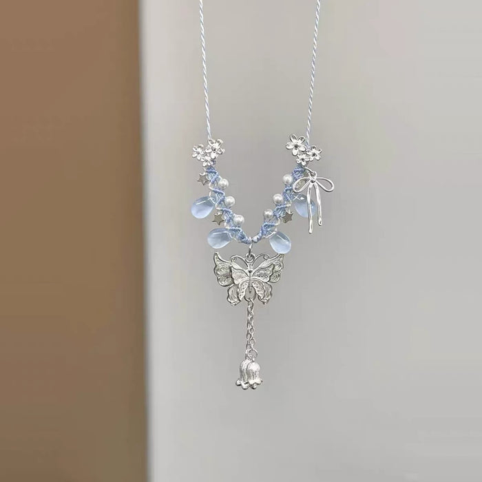 Wholesale Hand-Knitted Purple Flower Butterfly Necklace with Artificial Crystal Lily of the Valley Pendant