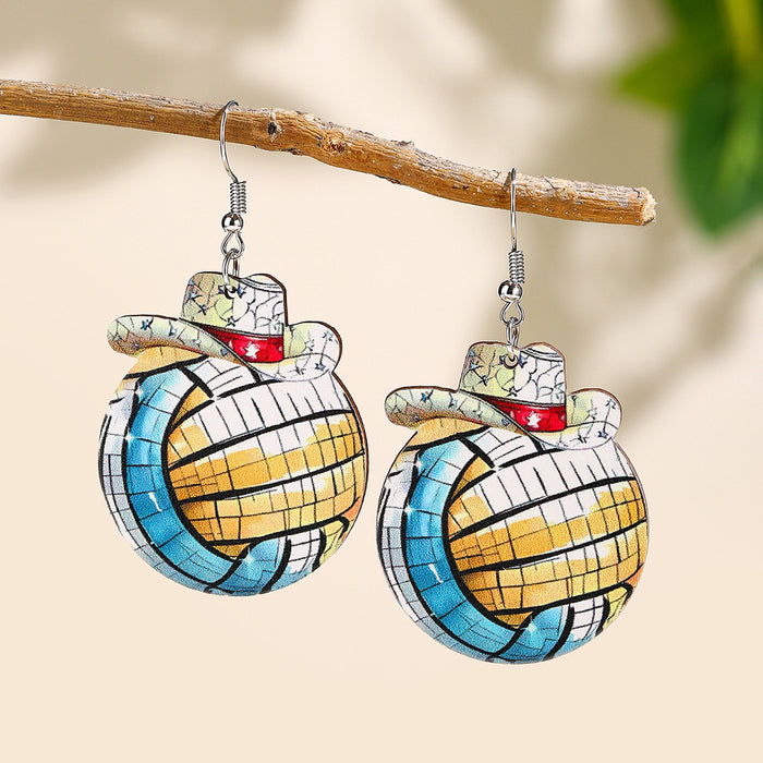 Wholesale Denim Hat Ball Wooden Pendant Earrings Rugby Football Volleyball Earrings Gifts