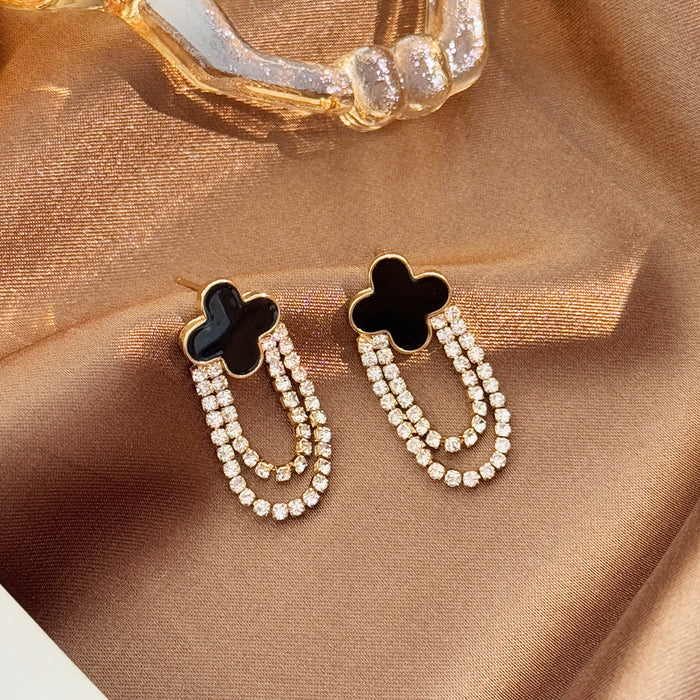 Wholesale Earrings with versatile temperament, diamond studded tassel earrings, four leaf clover earrings, niche