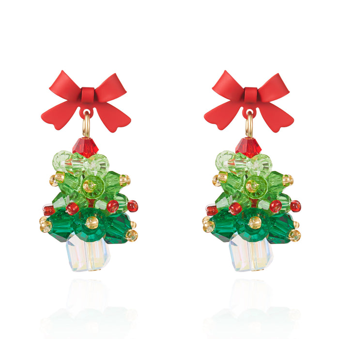Wholesale Red Bow Rhinestone Christmas Tree Earrings Alloy Fashion Accessory Gift