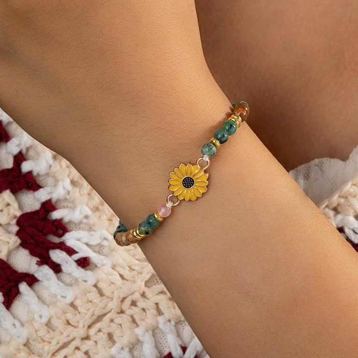 Wholesale Modern Women S Adjustable Bracelet With Alloy Sunflower And Natural Stone Charms Handmade Woven Fashion Accessory For Boutique Resale