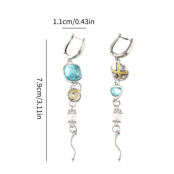 Wholesale Asymmetrical sapphire engraved cross earrings,  made of old metal,  high-end and versatile earrings