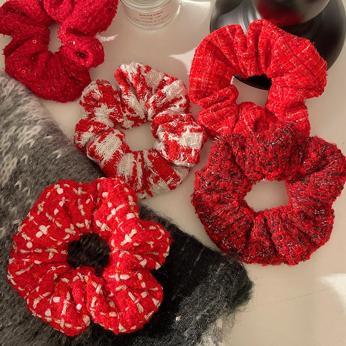 Wholesale New Year red large intestine hair ring New Year festive wool hair ring knitted rainbow light luxury hair rope hair ring