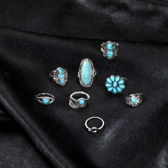 Wholesale Vintage Bohemian Turquoise 8 PCs Set Ring