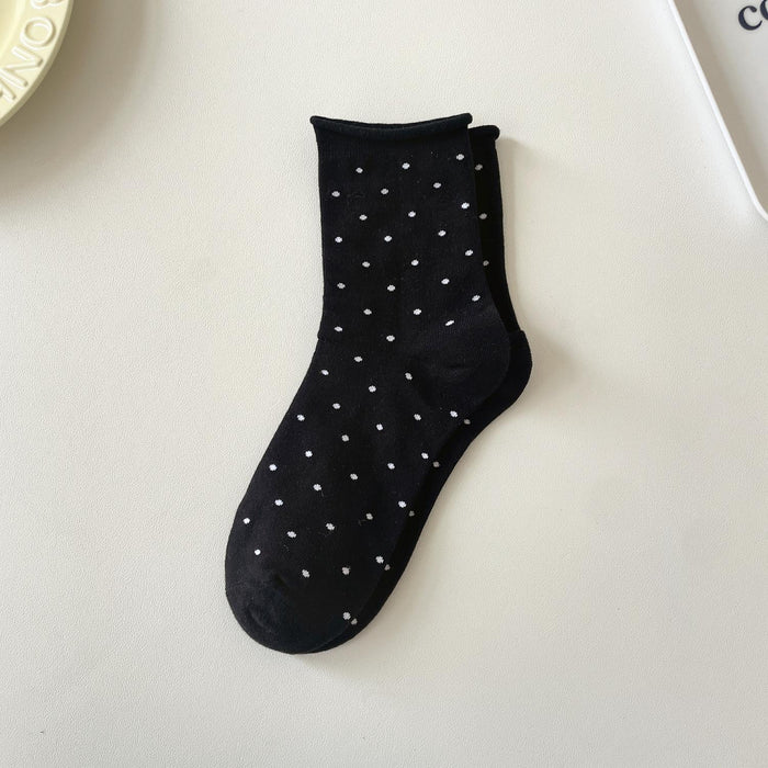Wholesale Curled edge polka dot socks, mid tube socks, simple pile socks, sweat absorbing long socks