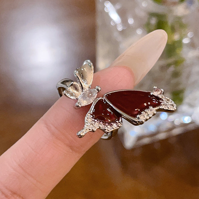 Wholesale Full diamond zircon high-end butterfly heart opening ring, niche design, personality