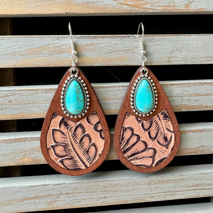 Wholesale Western genuine leather earrings classic horse hair leopard embossed cowhide water drop vintage earrings