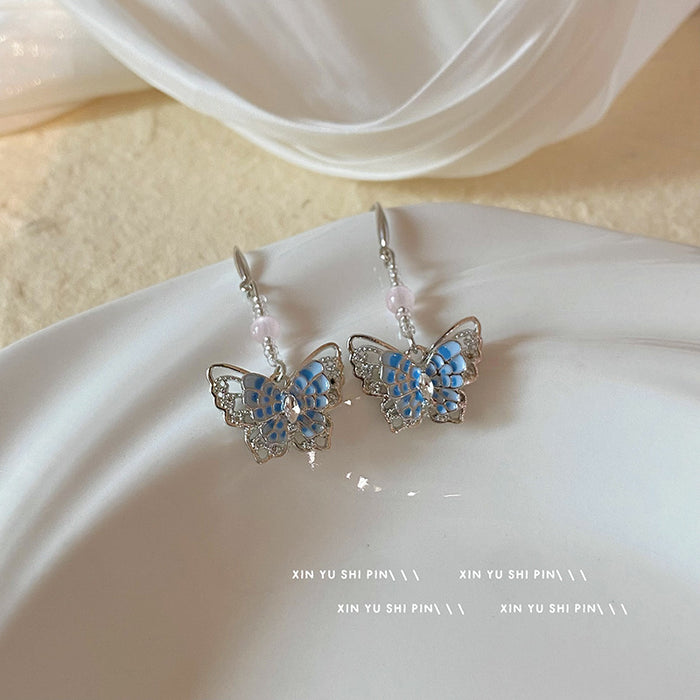 Wholesale Blue butterfly tassel earrings, new style, light luxury, western-style, versatile and personalized earrings